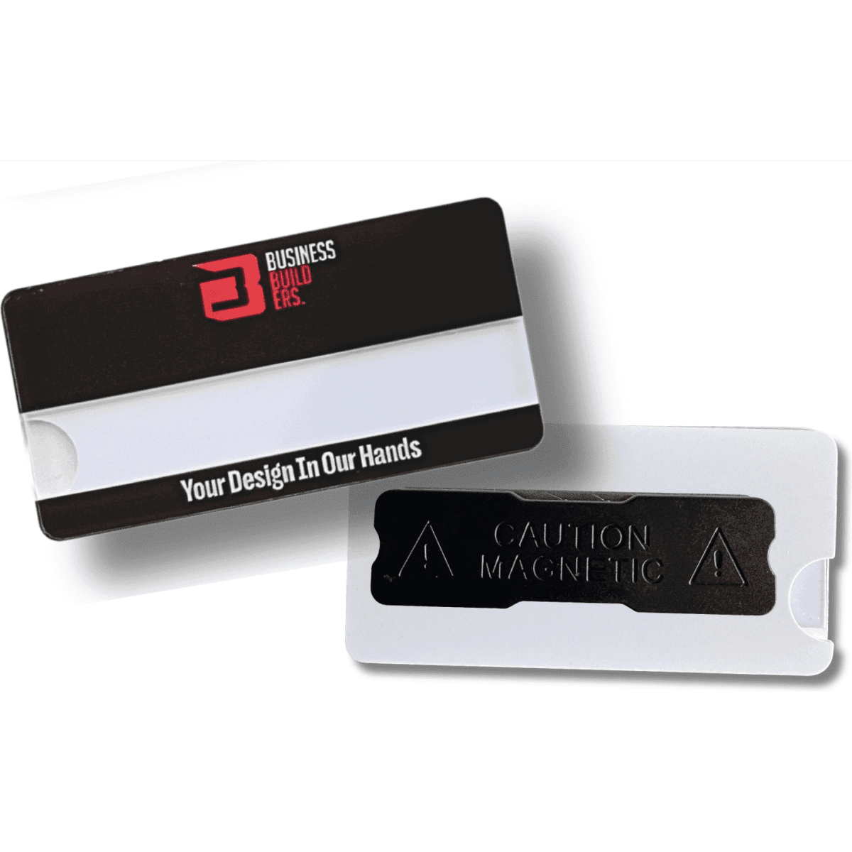 A DIY staff badge in black and white with a magnetic backing. It features a logo and caution label.
