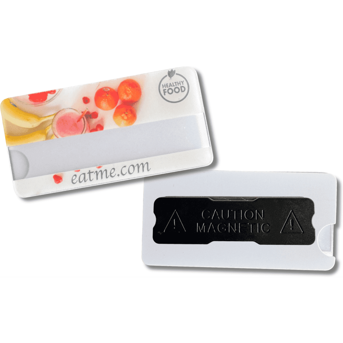 A frosted finish staff badge in white with a vibrant design, featuring a magnetic back for attachment.