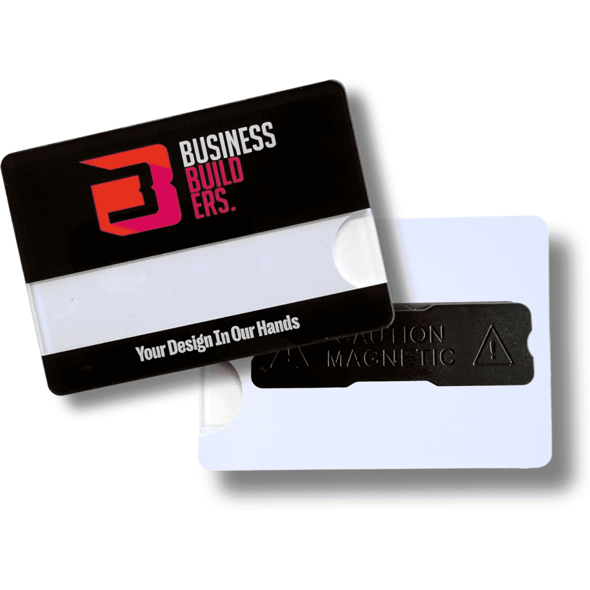 A magnetic staff badge in black and white with a logo, featuring a caution symbol and space for custom design.