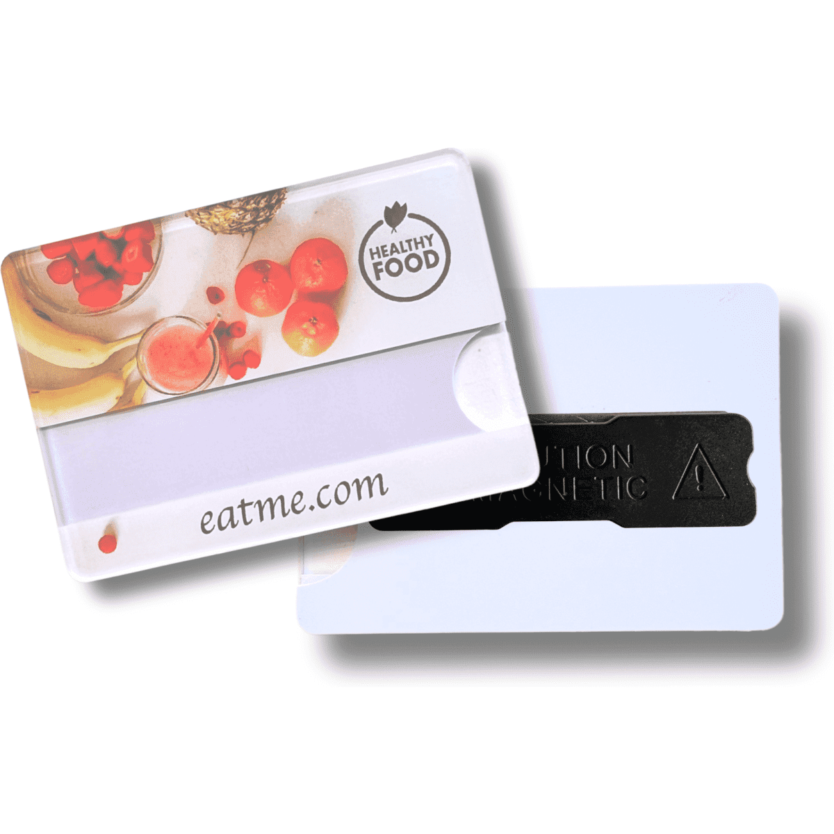 A frosted finish staff badge in a rectangular shape, featuring fruit imagery and a magnetic backing.