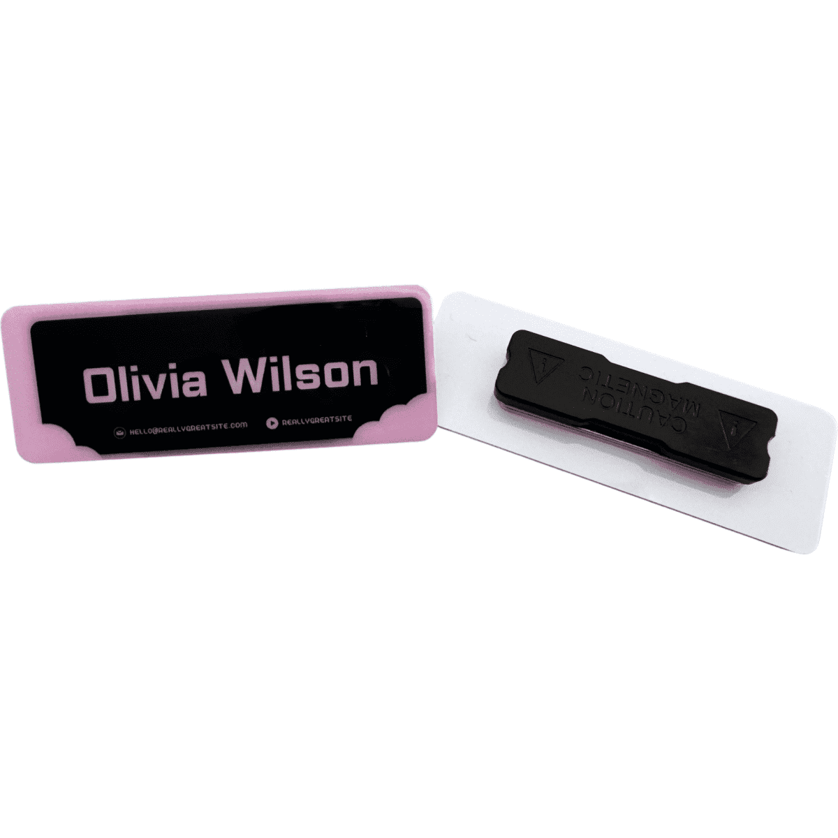 A plastic staff badge in pink and black with an indent epoxy magnet on the back.