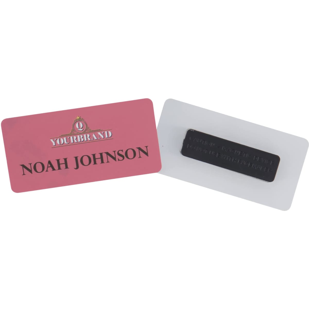 A pink and white plastic staff badge with a black magnetic backing. Features a logo and a name.
