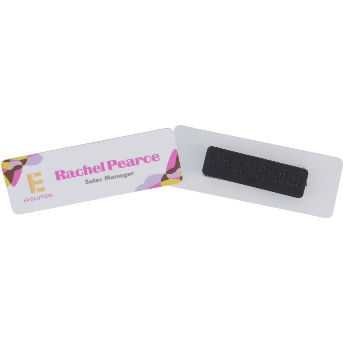 A matte plastic staff badge in white and pink, featuring a branded magnet on the back.