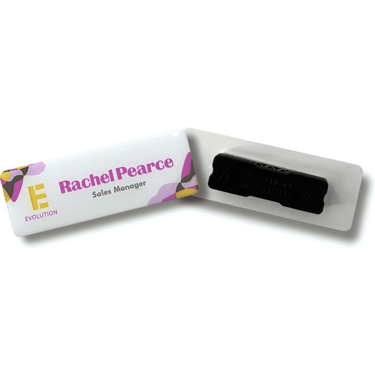 A plastic staff badge with a white front and black magnetic back, featuring a logo and vibrant design elements.