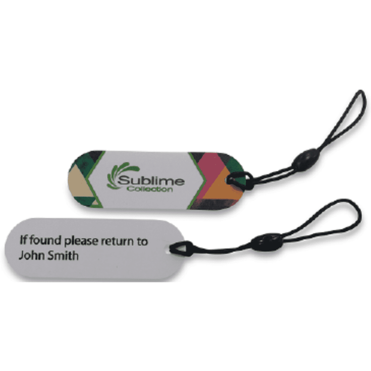 A small double-sided oval plastic tag in multiple colours, featuring a hole and a logo.