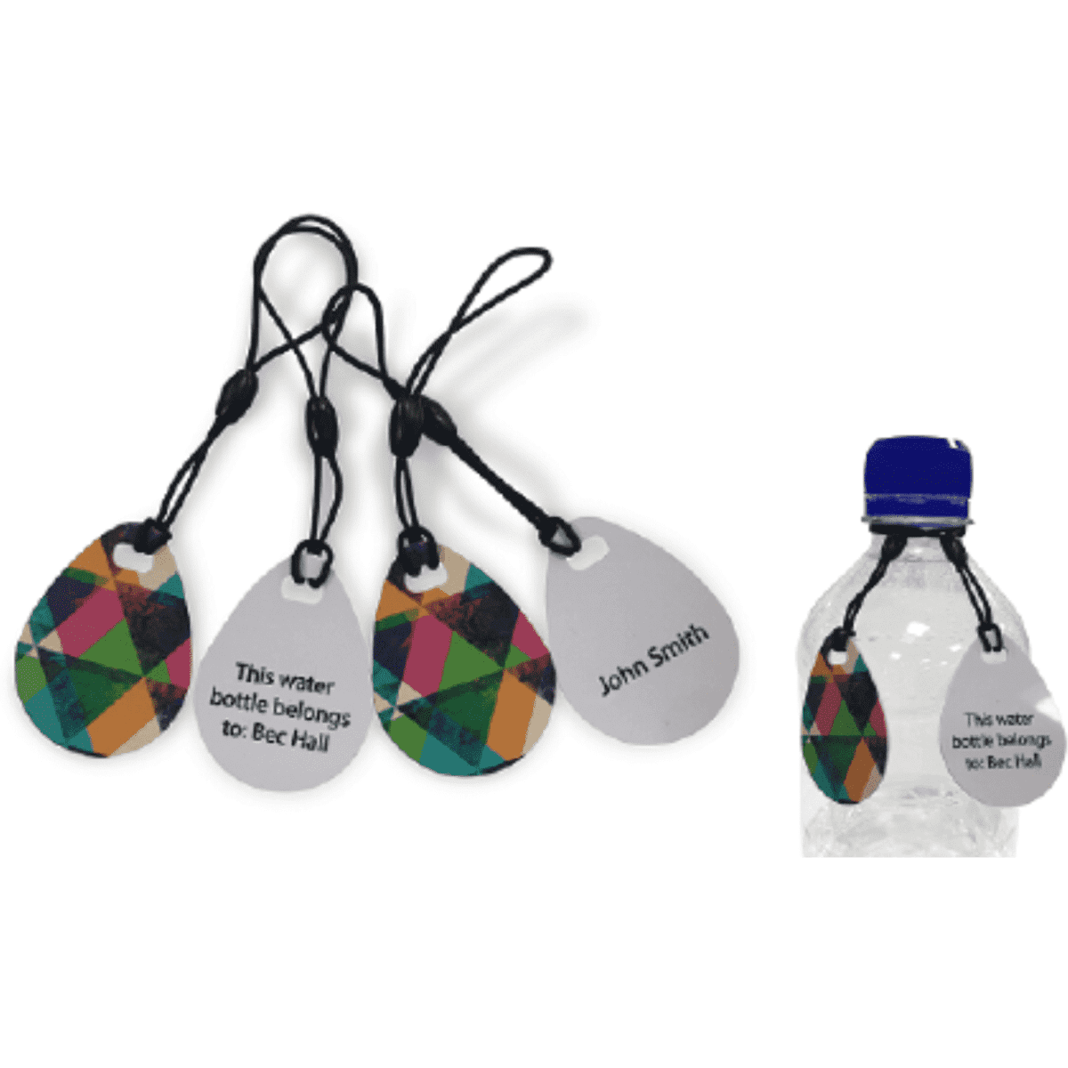 A set of colourful teardrop tags in various designs, along with a drink bottle featuring one tag.