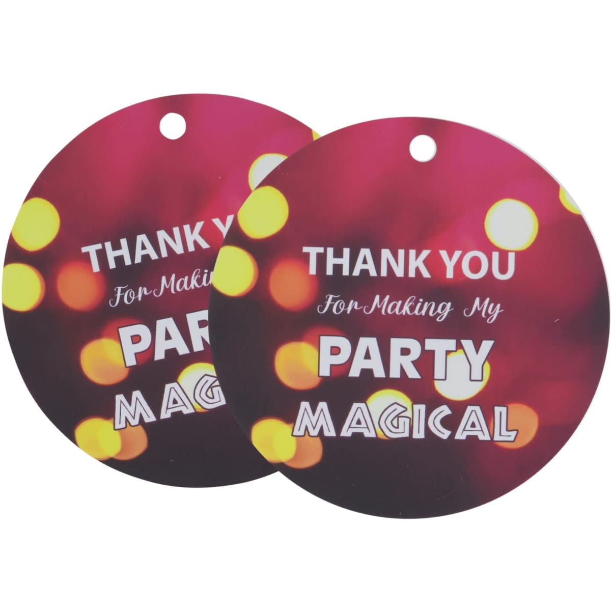 A double-sided round tag featuring a vibrant design with a hole for attachment, predominantly pink with bokeh lights.