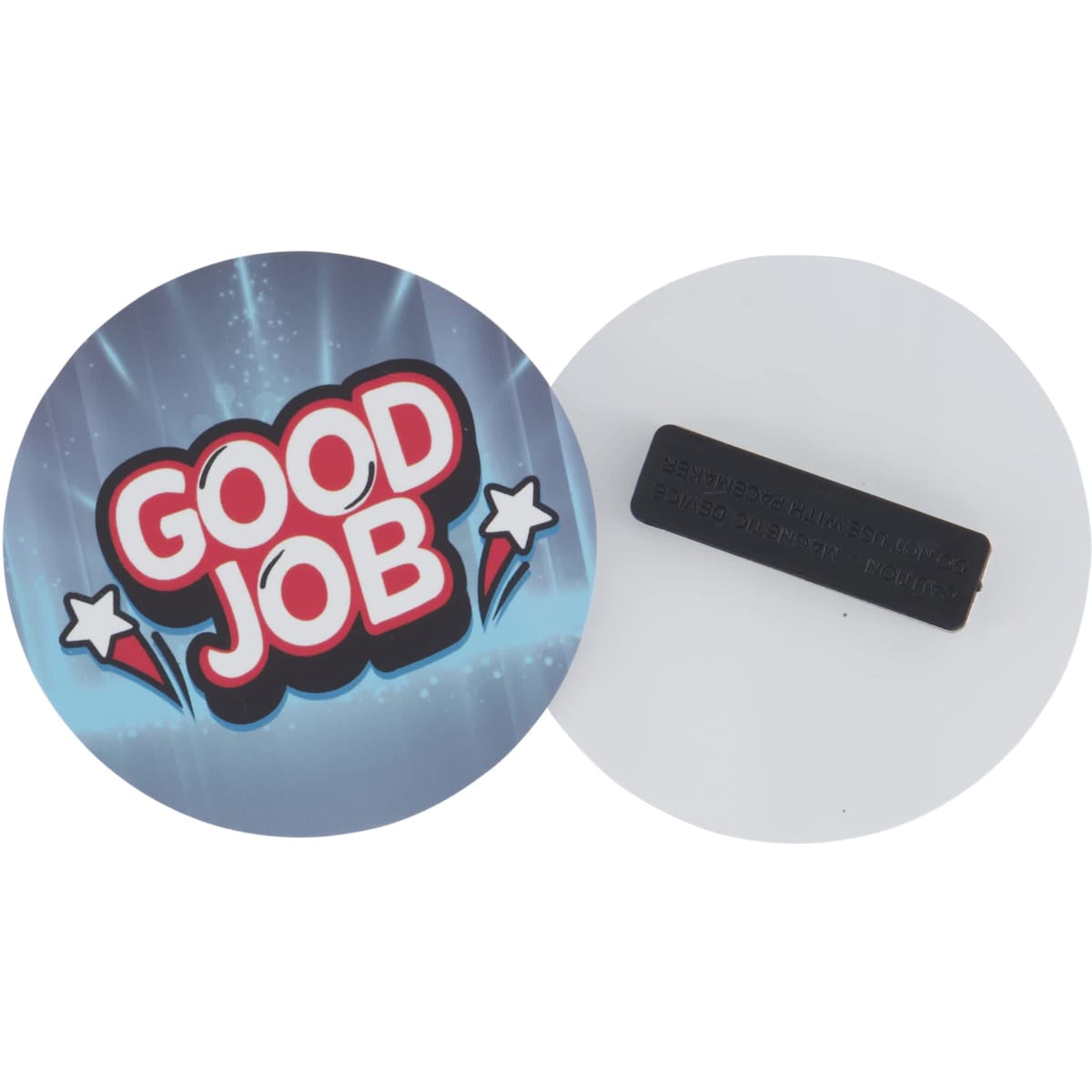 A circular plastic magnet tag, featuring a colourful design on one side and a black magnet on the reverse.