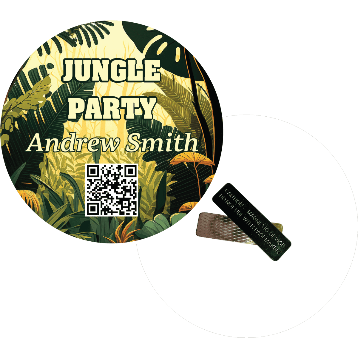 A round plastic eco tag featuring jungle-themed graphics, a QR code, and a black magnet on the reverse side.