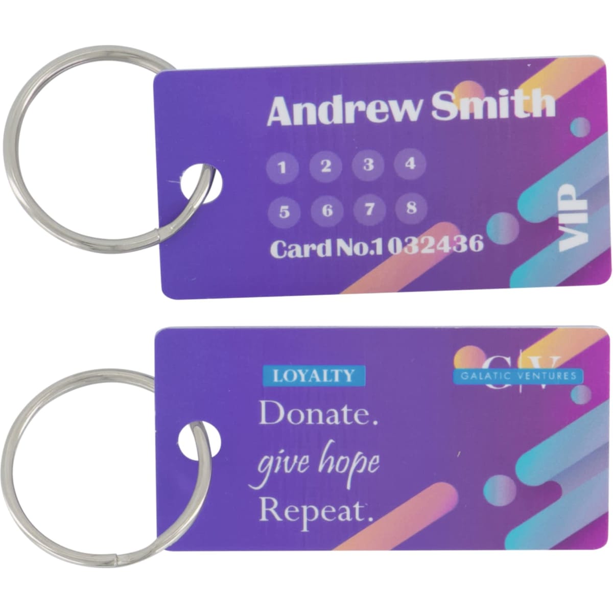 A double-sided plastic keytag keyring in purple, featuring a logo and numbered card details.