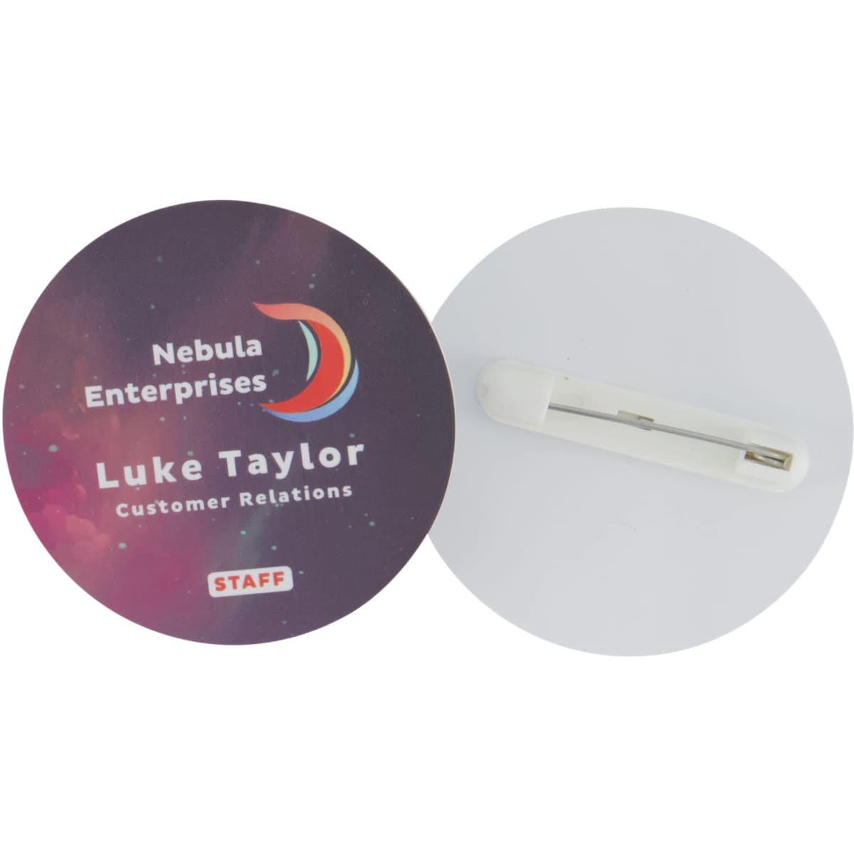A round, 50mm eco-friendly plastic badge with a pin backing, featuring a colourful cosmic design and a logo.