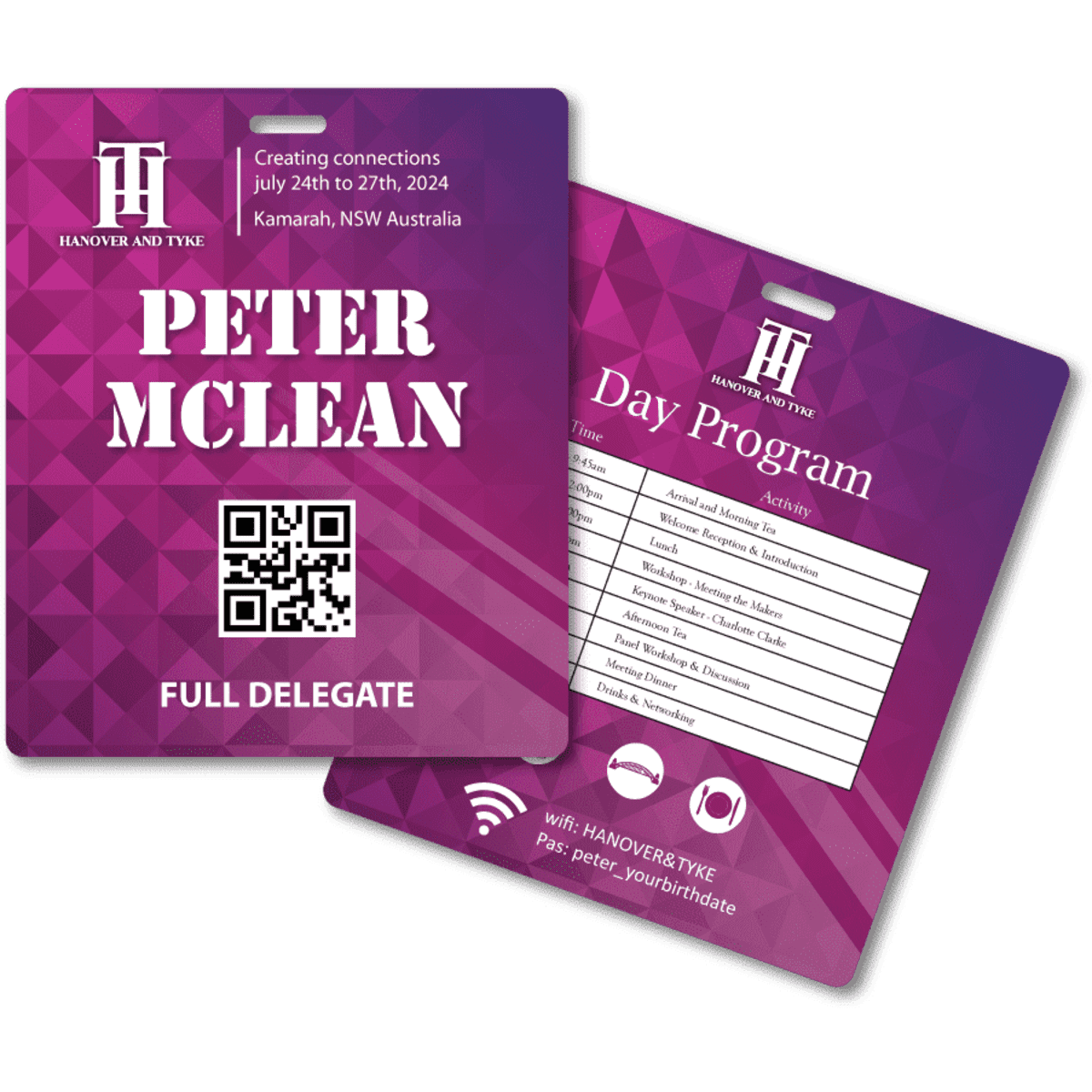 A purple plastic card eco tag with a slot, featuring a QR code and a delegate name, along with a schedule on the back.