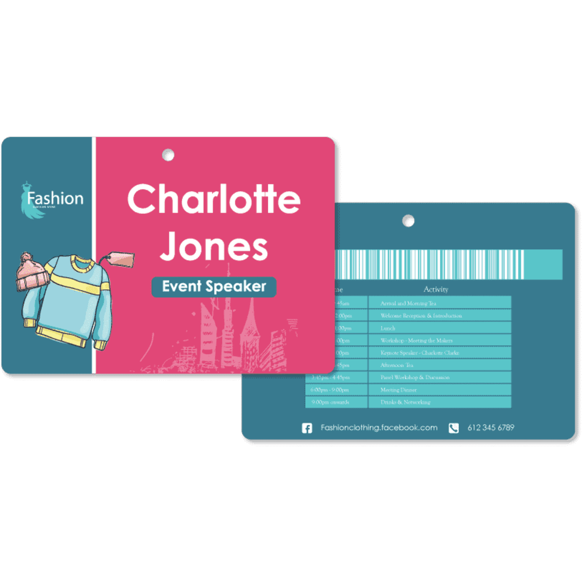 A plastic card eco tag in vibrant pink and teal with a hole, featuring a clothing graphic and back design for details.