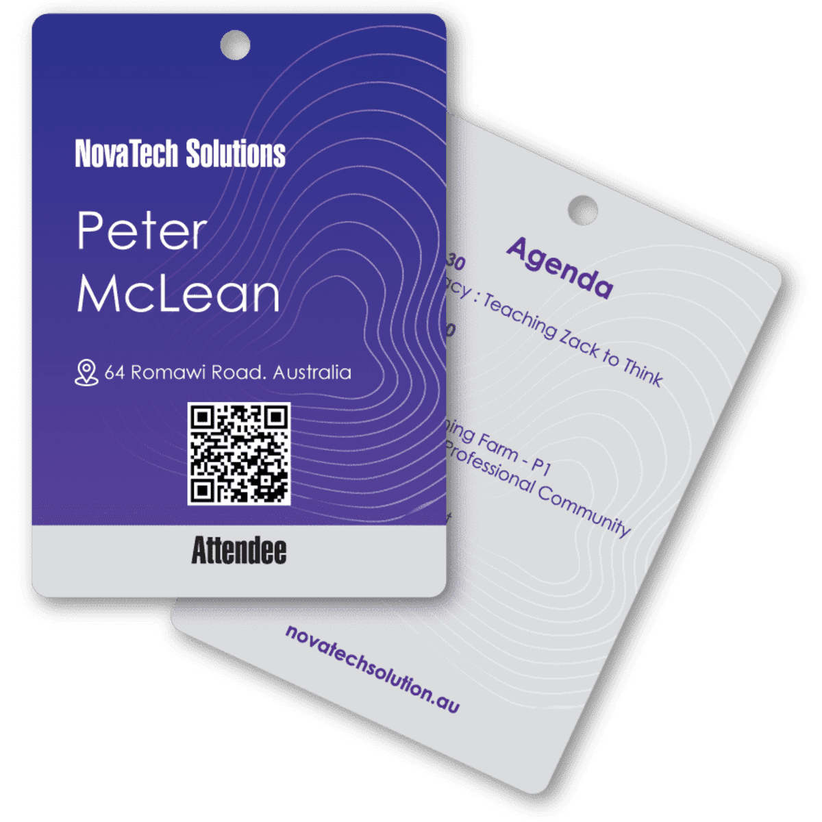 A plastic identification card in blue and white, featuring a logo, QR code, and text on both sides.