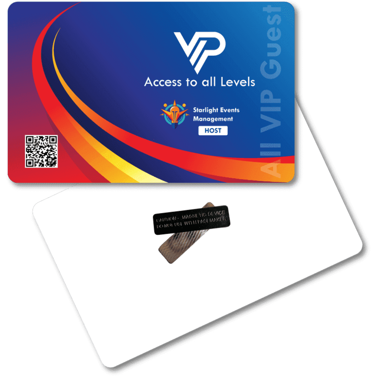 A plastic card eco tag in blue and red with a magnetic backing, featuring a logo and a blank white side.