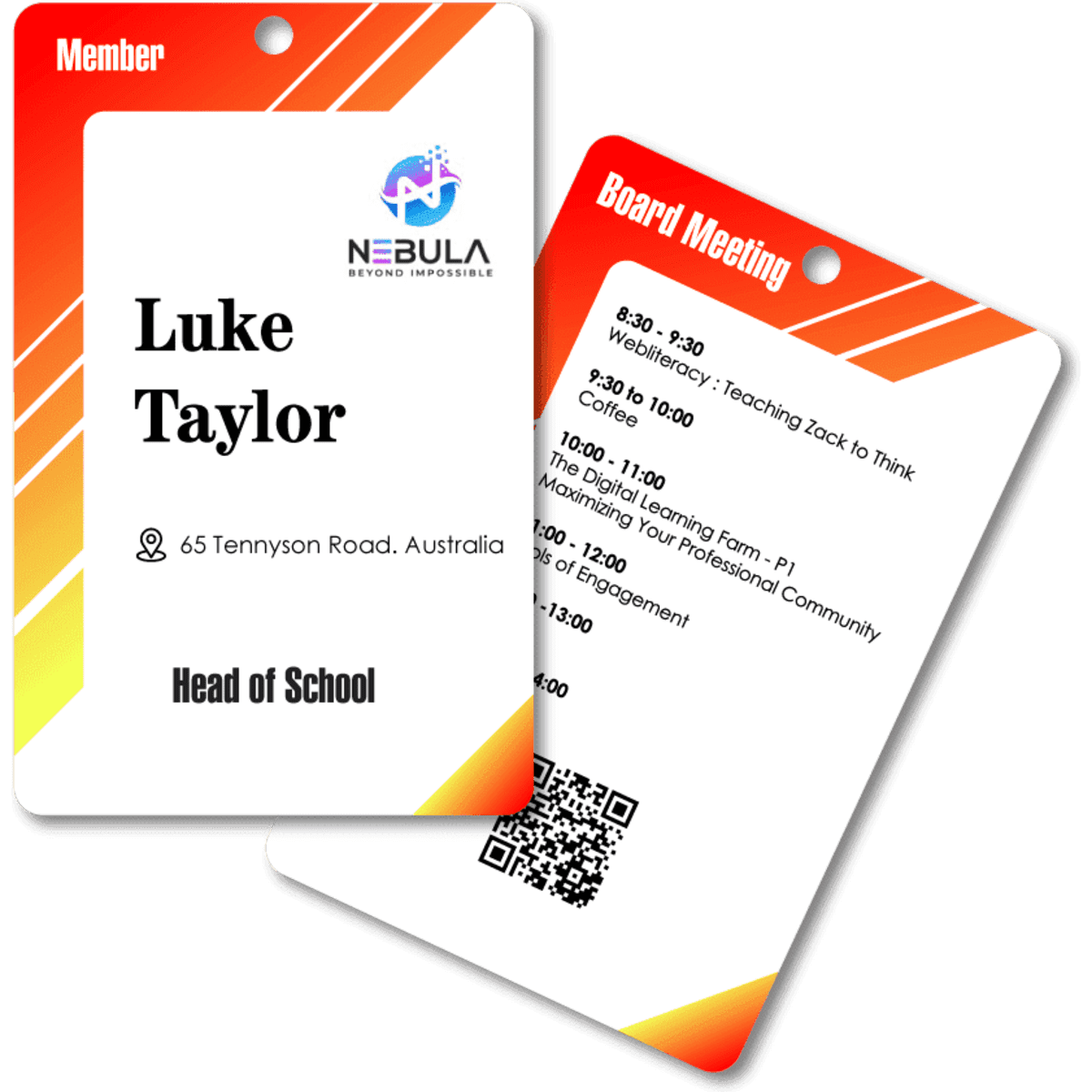 A plastic card eco tag in vibrant orange and red, featuring a logo and details such as a name and event schedule.