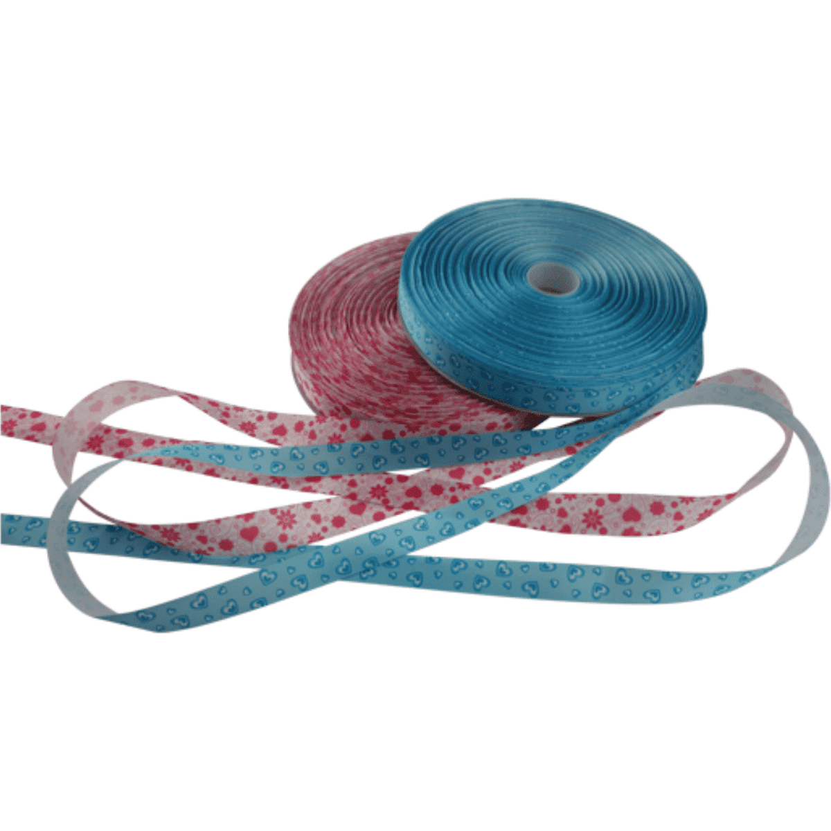 Two spools of ribbon, one pink with floral patterns and one blue with heart patterns, laid out with ribbons trailing.