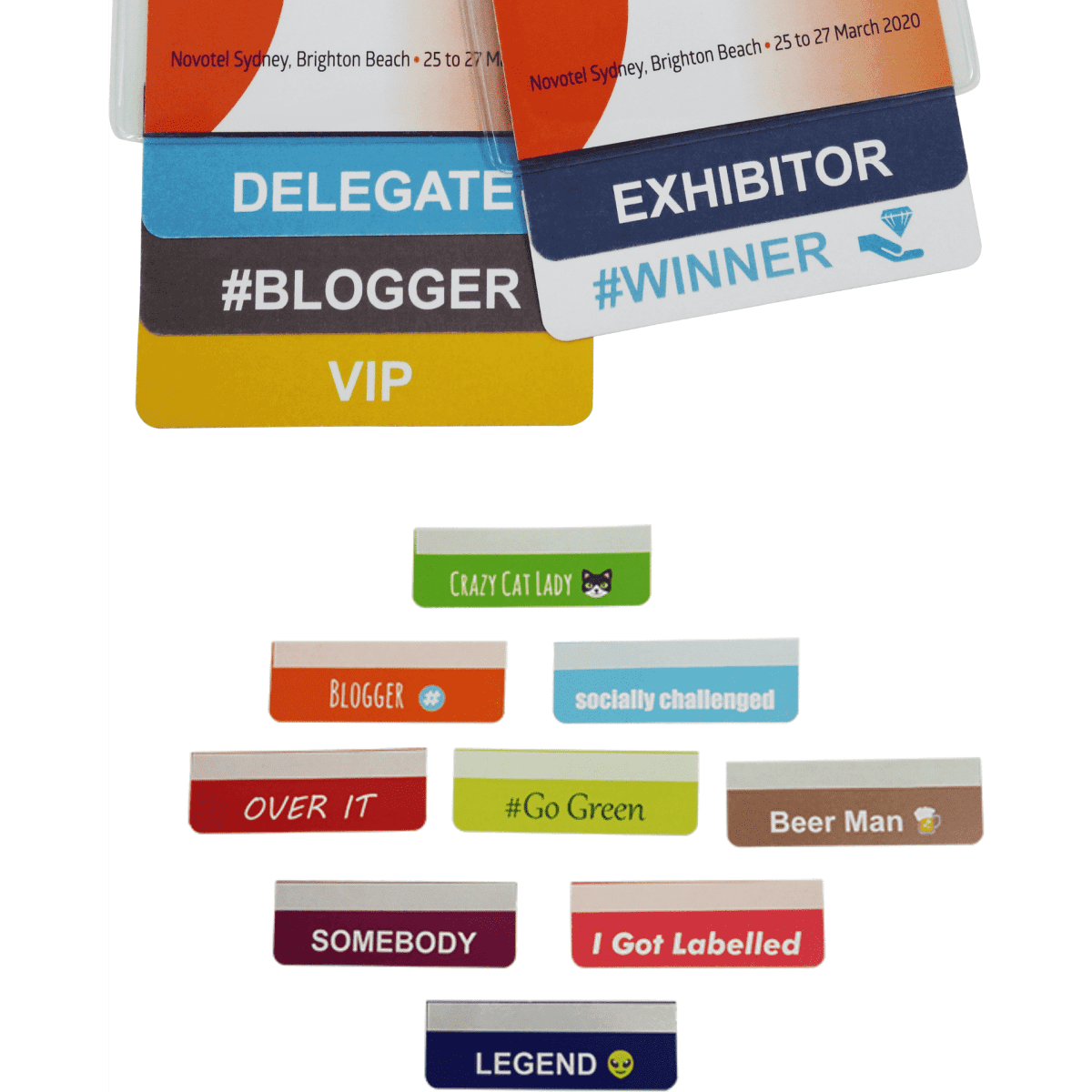 Custom made name tag ribbons in various colours and styles, including titles like "VIP," "Blogger," and "Winner."