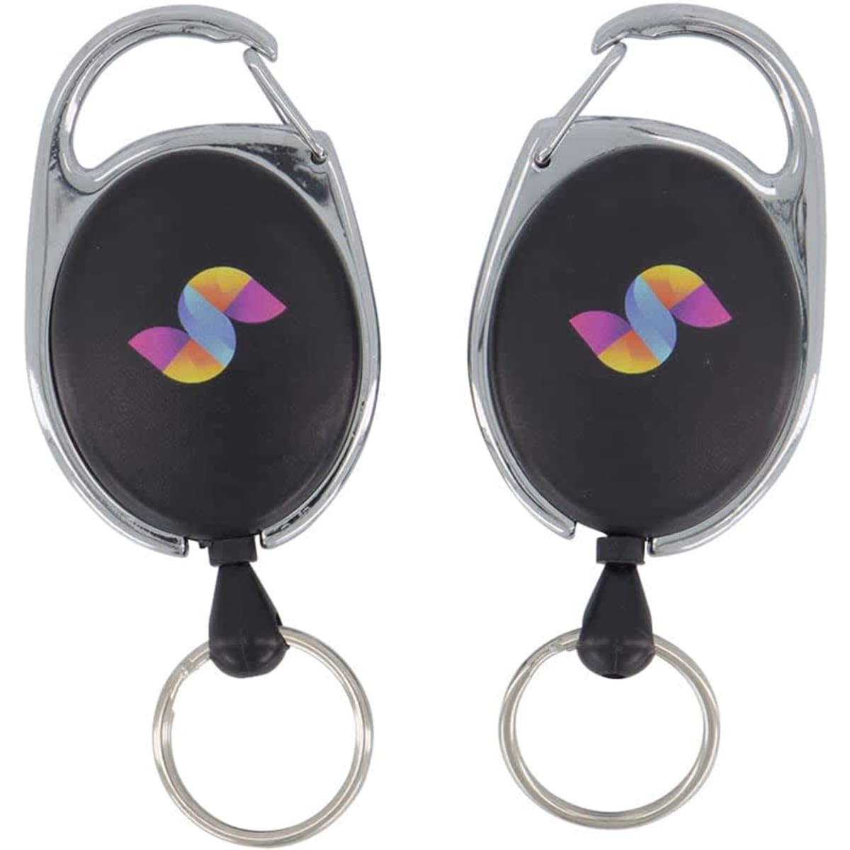 A double-sided black oval reel keyring with a circular keychain attachment and a logo.