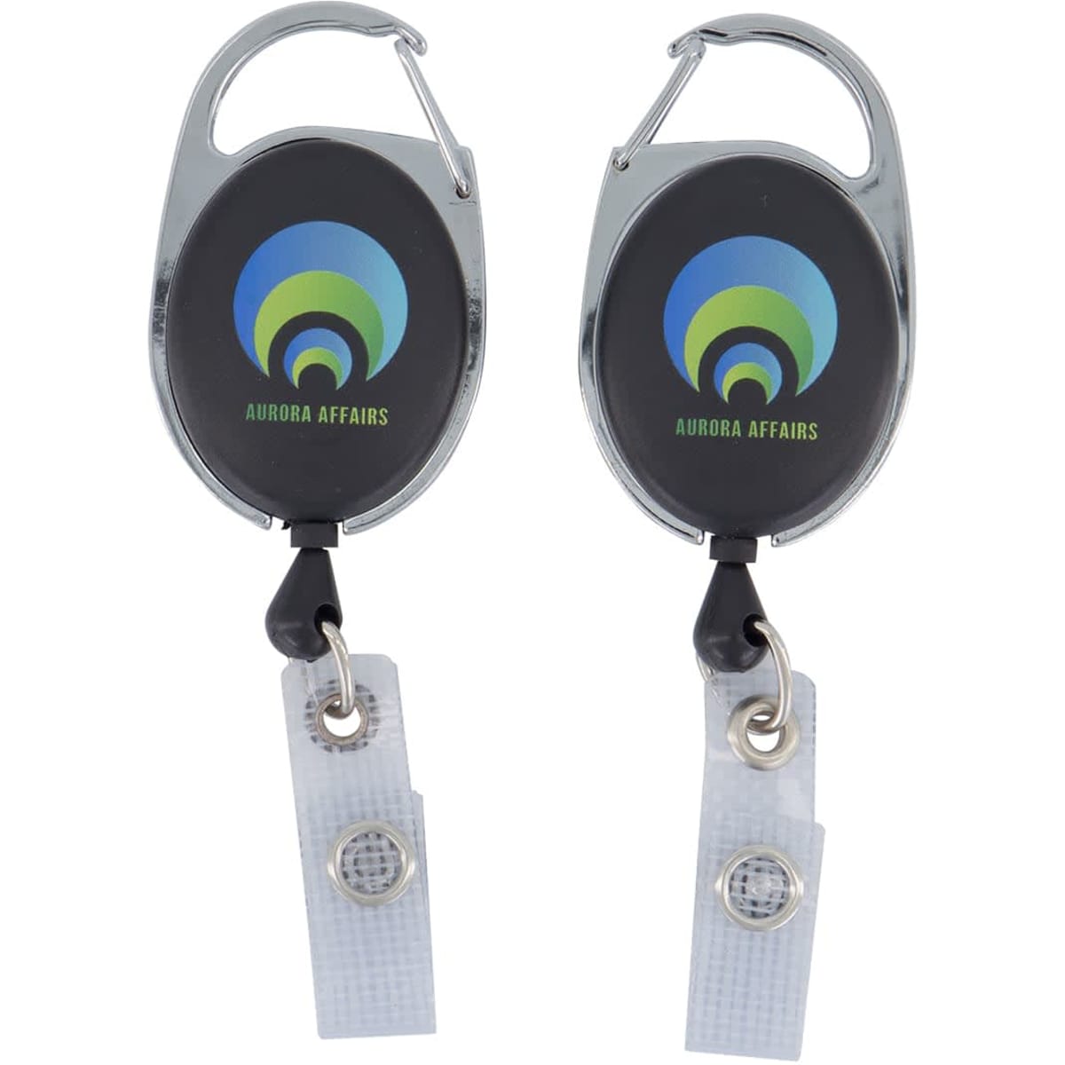 A double-sided black vinyl strap with a chrome oval reel, featuring a logo.