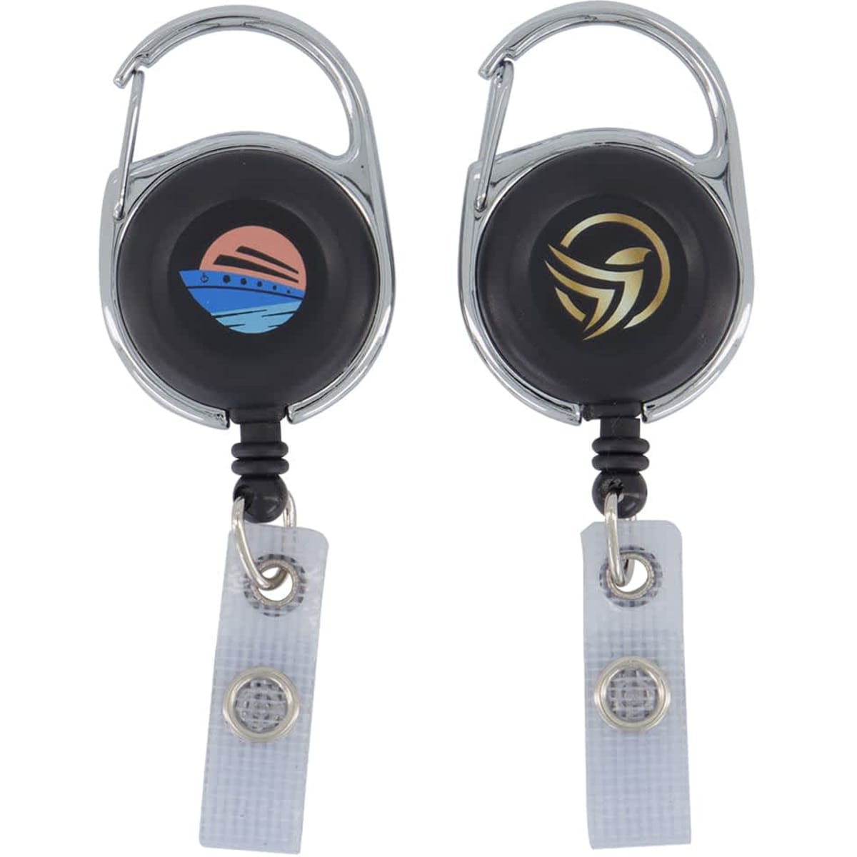 A double-sided retractable badge reel with a black circular body and chrome accents, featuring two different logos.