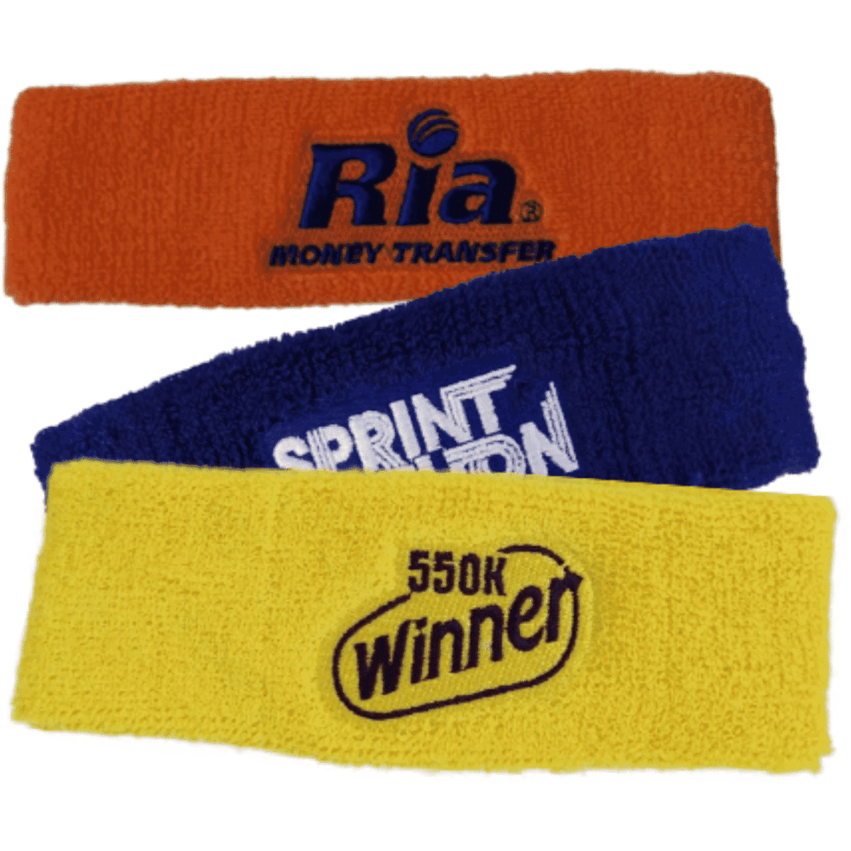 Three headbands in orange, blue, and yellow, each featuring a logo. Soft, absorbent material designed for headwear.