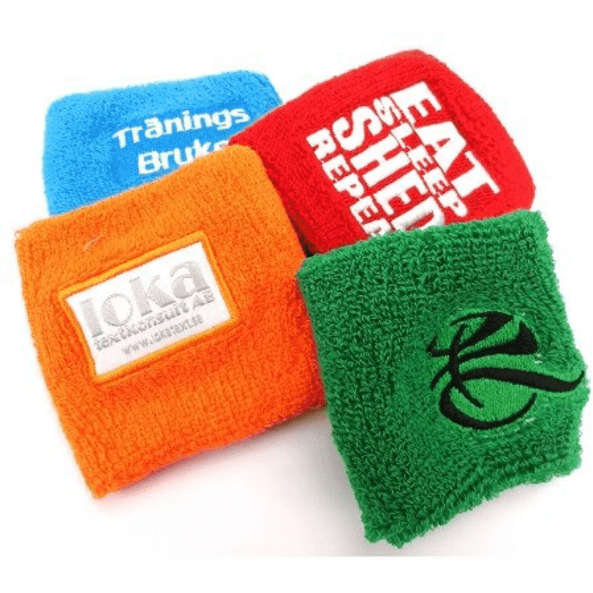 Four sweat wristbands in red, green, orange, and blue, each featuring a different design and logo.