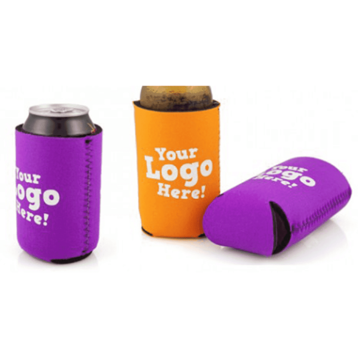 A collapsible stubby holder in purple and orange, designed for beverage cans, featuring a logo on each holder.