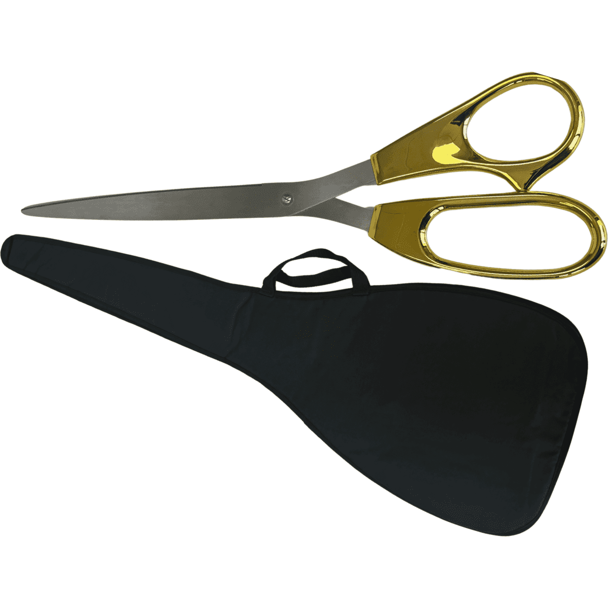 A pair of extra-large gold scissors with 50cm blades, displayed alongside a black sheath.