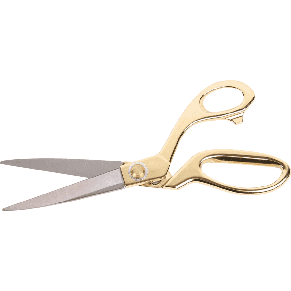 A pair of gold-plated ceremonial scissors with stainless steel blades. The scissors feature a decorative handle design.