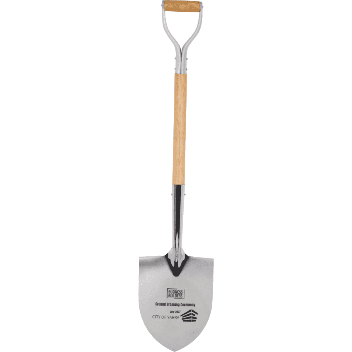 A chrome shovel with a wooden handle, featuring a logo on the scoop.