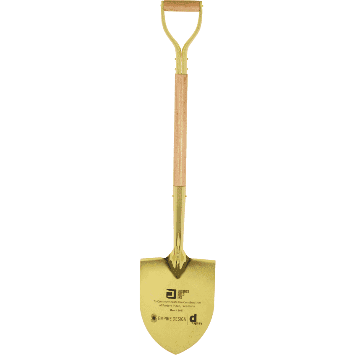 A gold shovel with a wooden handle and an engraved design, featuring a shiny finish and a sturdy scoop.