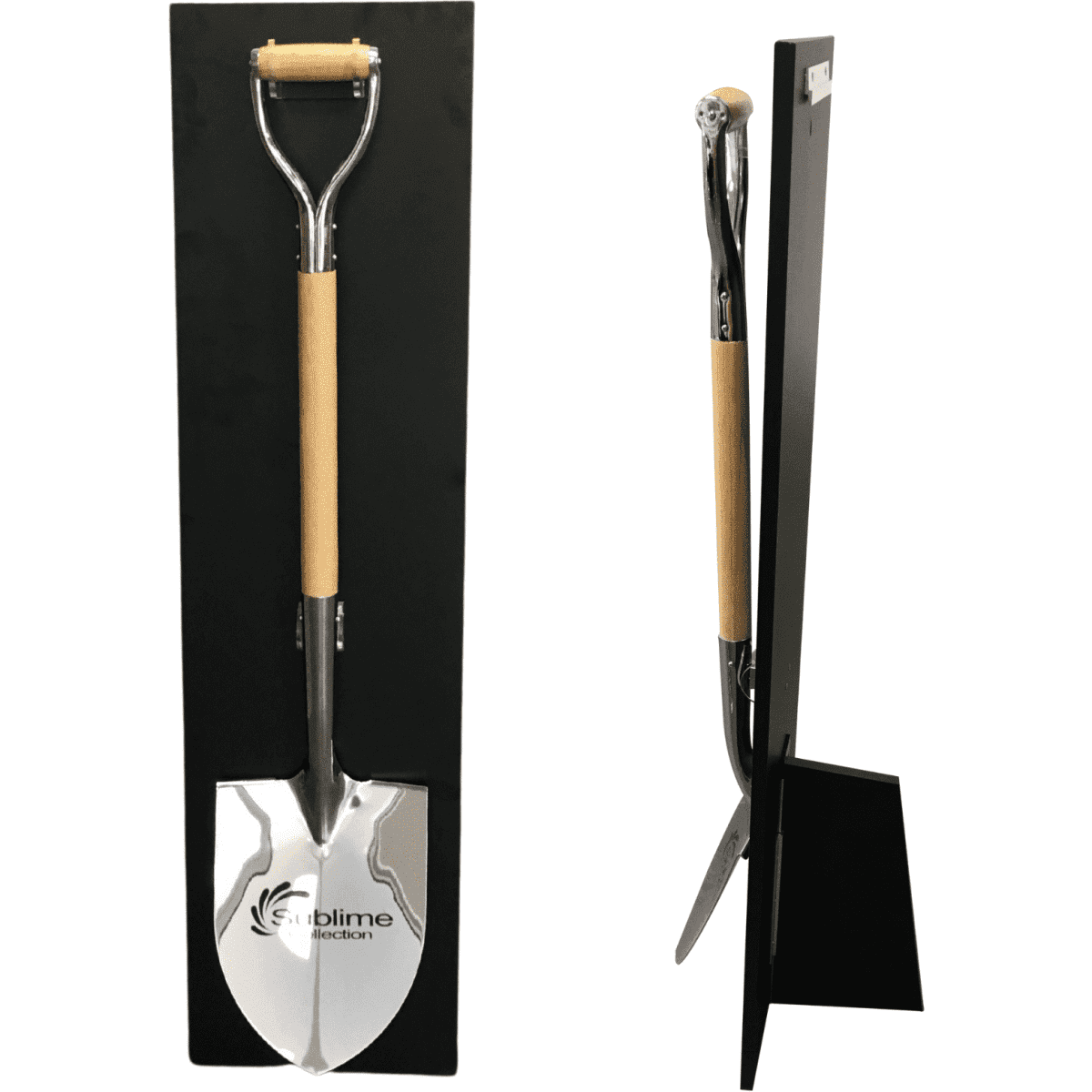A wooden backboard displays a silver shovel with a wooden handle, featuring a logo.