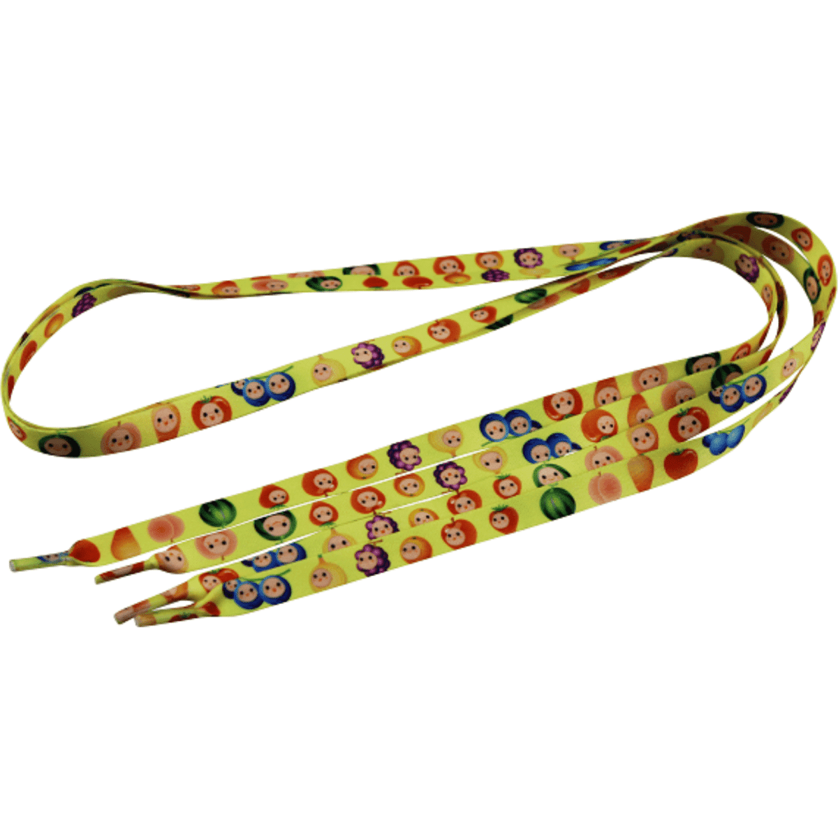 Colourful shoelaces featuring various cartoon faces on a yellow background, measuring 10mm x 1m long.
