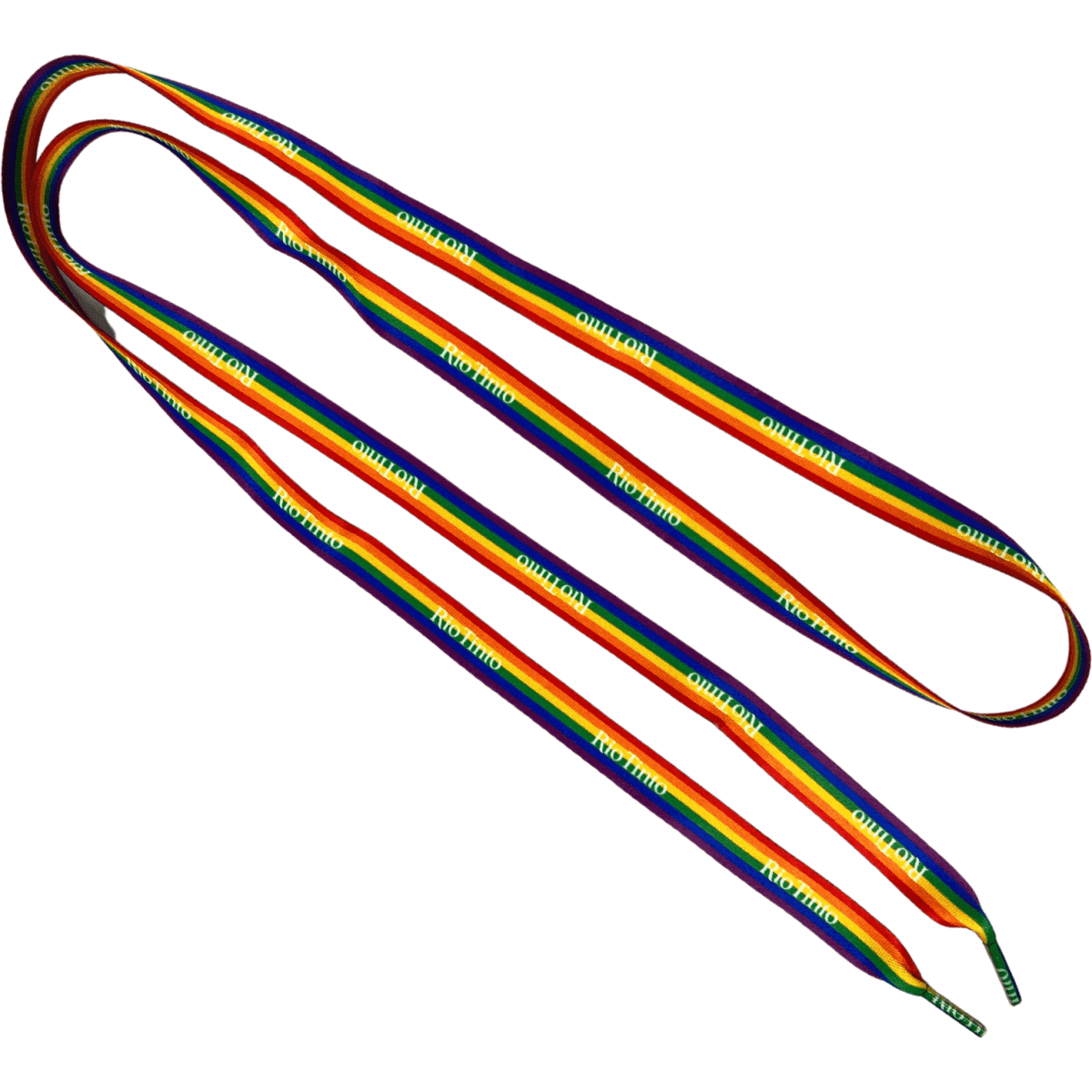 Colourful rainbow shoelaces featuring a logo, measuring 10mm wide and 1m long.