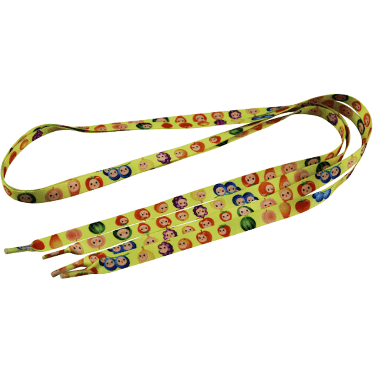 Colourful bootlaces, 15mm wide and up to 1.4m long, featuring a playful pattern of various faces. Includes a logo.