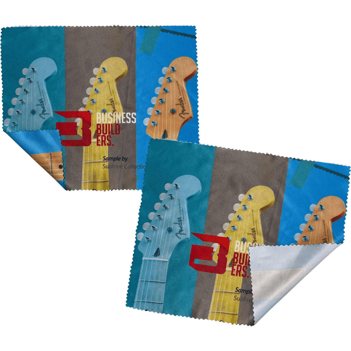 A lens cleaning cloth featuring colourful guitar designs, double-sided with a printed logo.