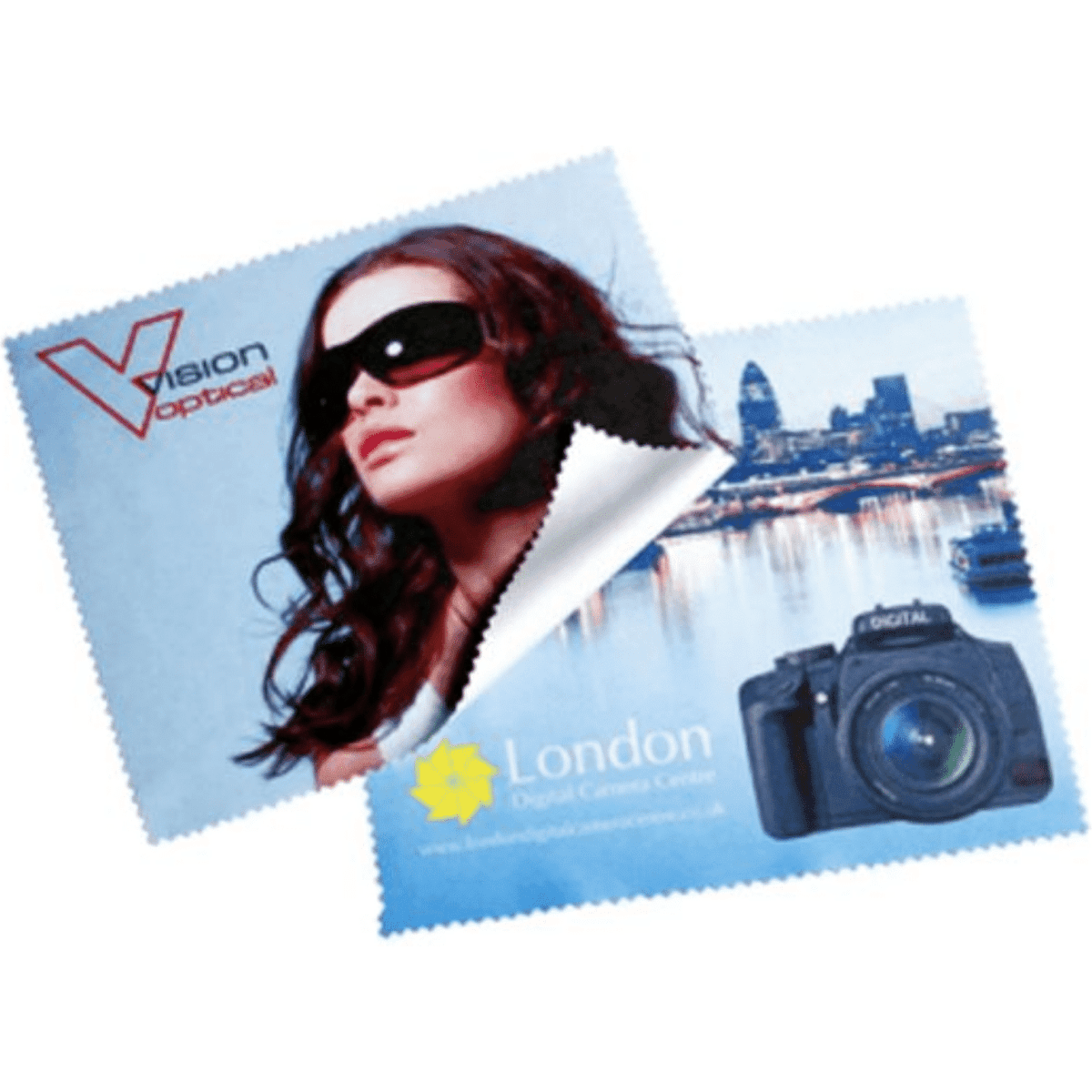 A microfibre lens cleaning cloth featuring a design with a model, a city skyline, and a camera, predominantly in blue and white.
