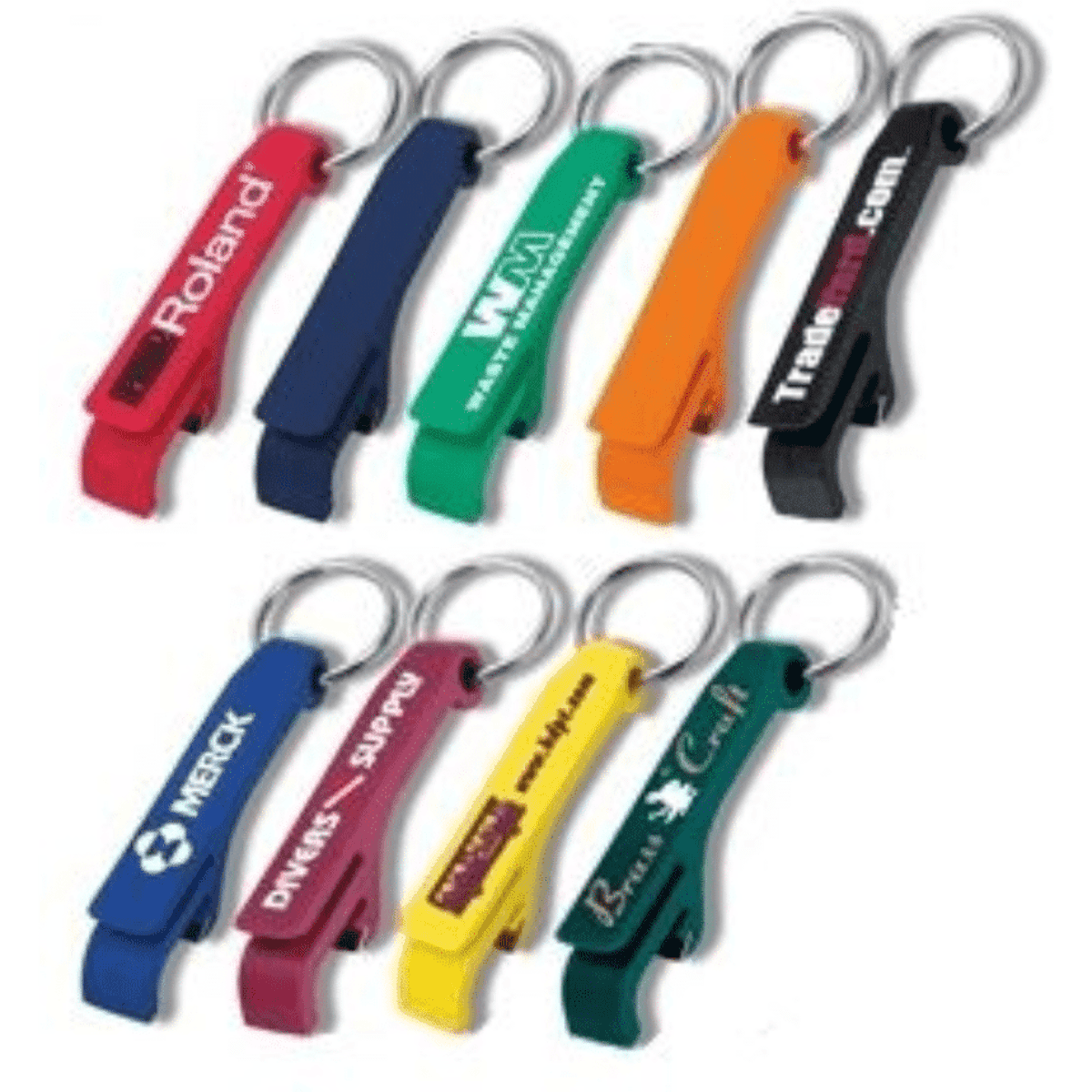 A drink bottle opener keyring collection in various colours, featuring multiple designs and a keyring attachment.