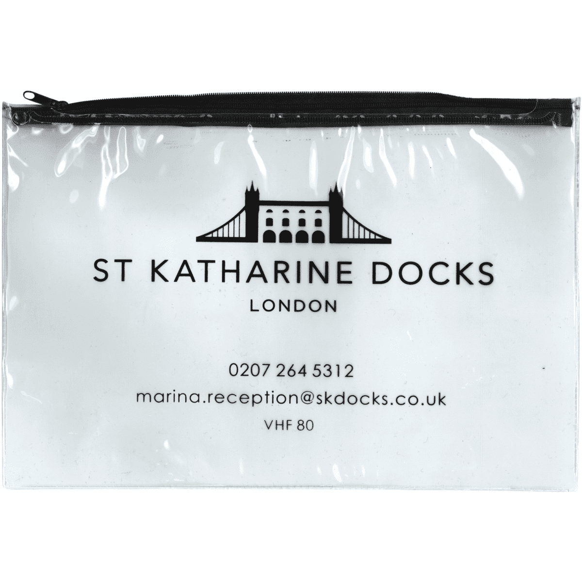 A clear PVC document holder featuring a zip closure and a logo. Ideal for organizing important documents.