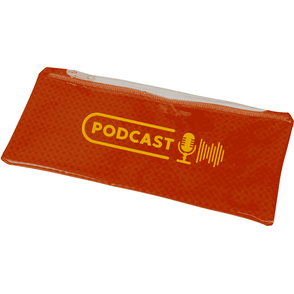 An orange PVC pencil case with a clear ziplock top and a logo printed on the front.