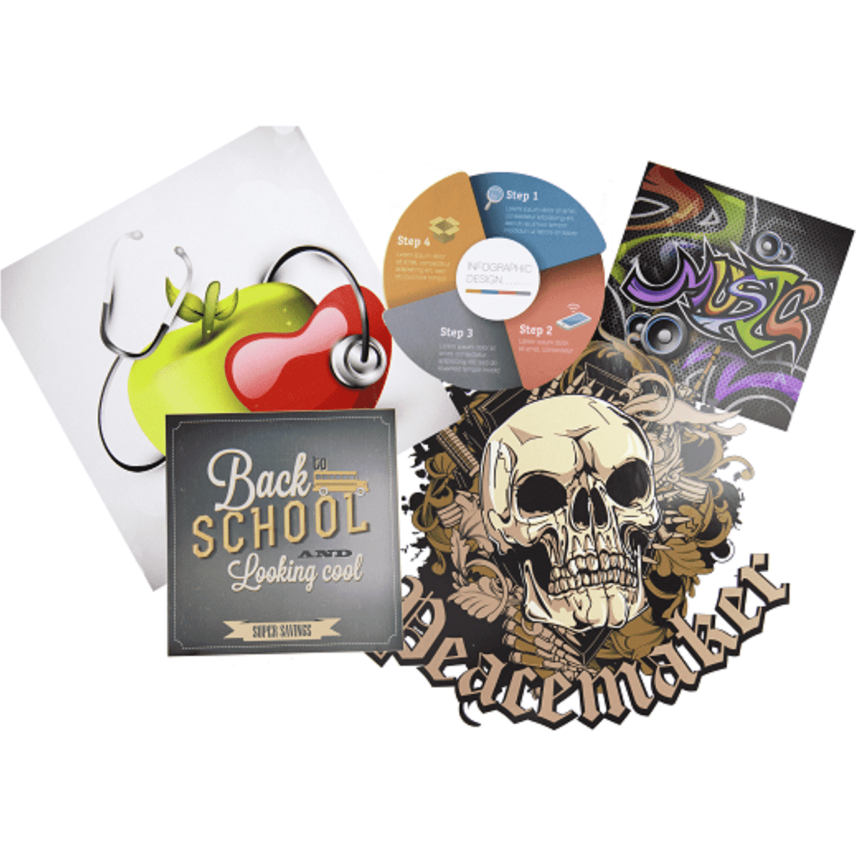 A collection of custom stickers featuring bright designs, including fruit, graffiti, and a skull, with various shapes and colours.