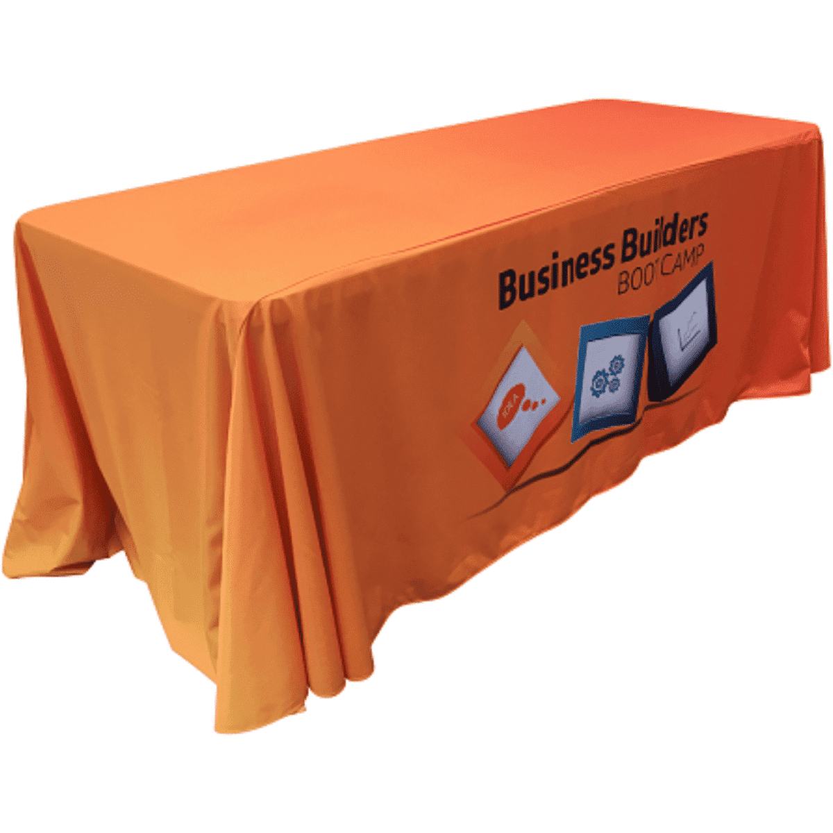 An orange tablecloth with a loose fit, featuring a logo, suitable for exhibitions and events, measuring 2.2m x 3m.