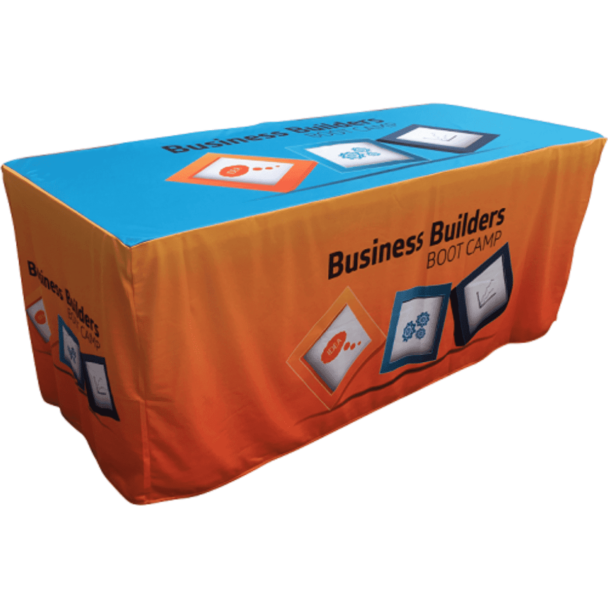 A square-fit tablecloth in blue and orange, features branding and designs. Suitable for exhibitions and events.