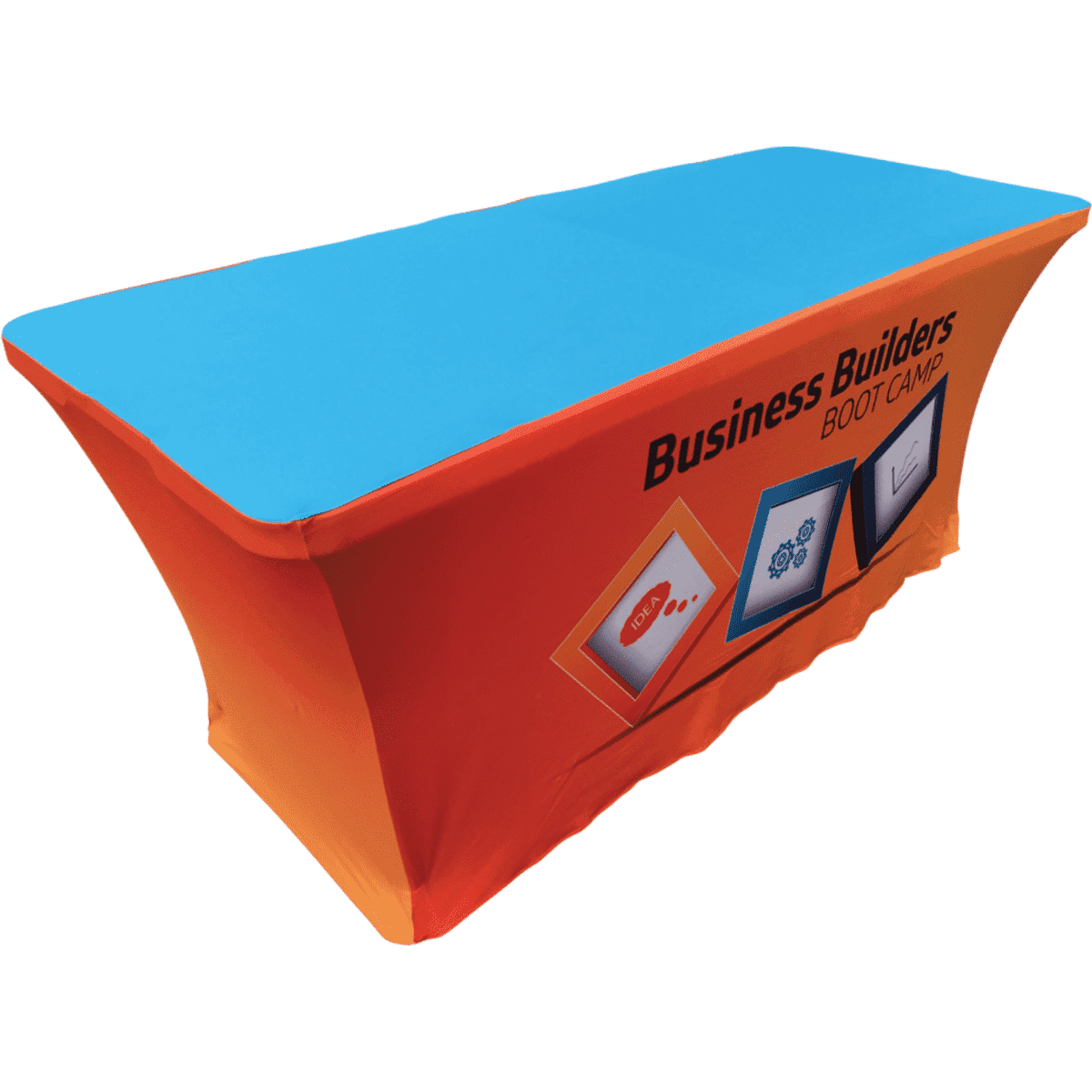 A stretch fit tablecloth in orange and blue, featuring logos and graphics, designed for exhibitions and events.