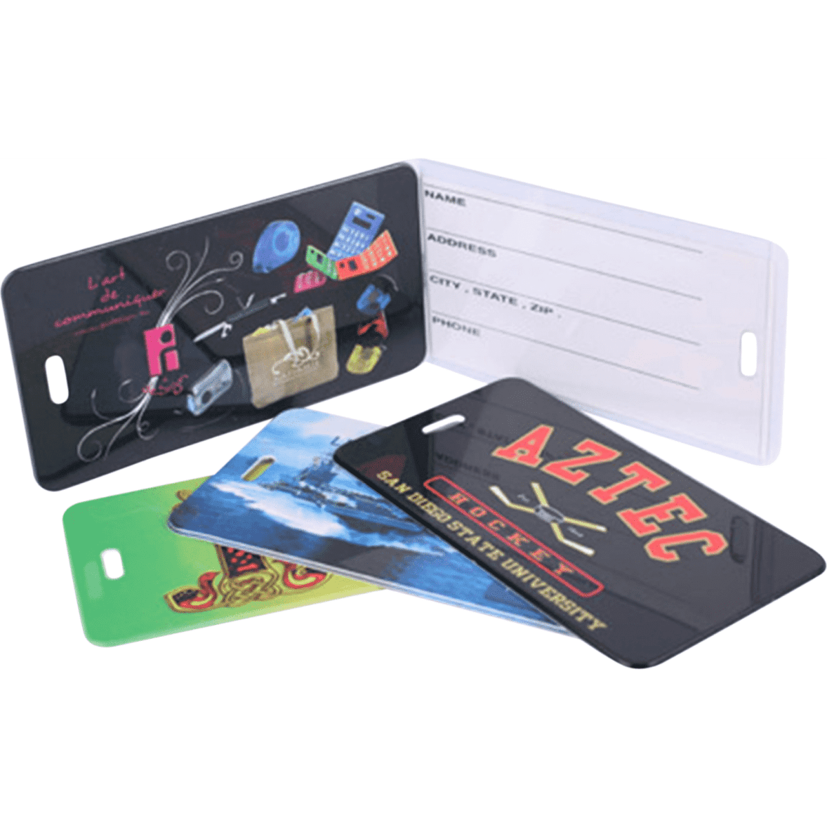 Hard plastic luggage tags in various designs and colours, featuring pull-out inserts for personal information.