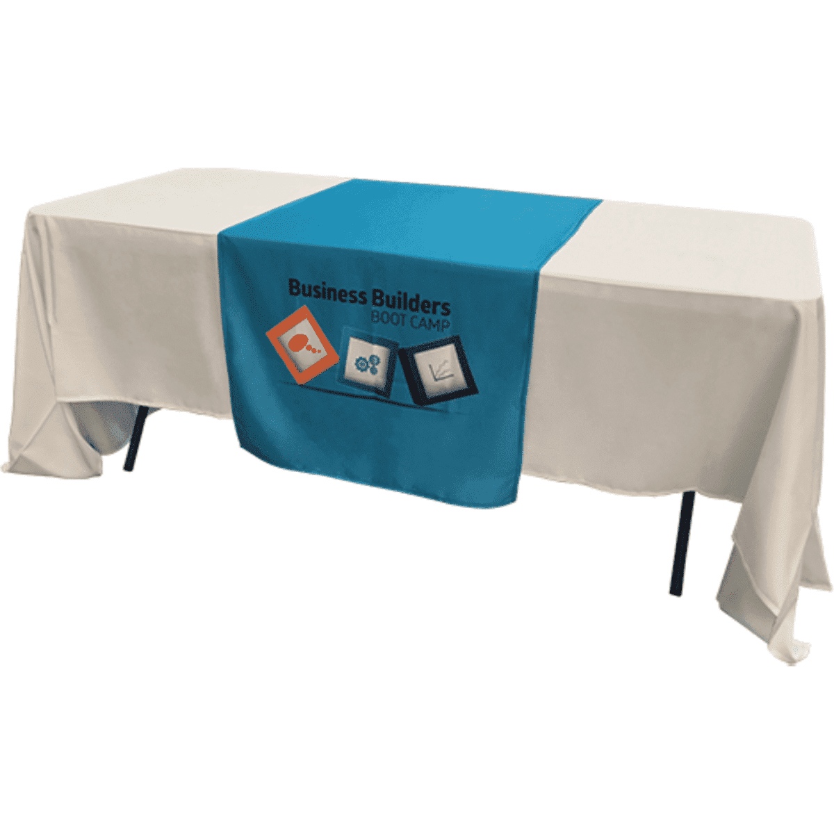 A table featuring a white cover and a blue sublimated runner with a logo and text in the centre.