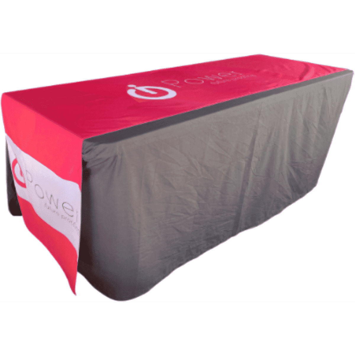A large sublimated table runner in red and black, featuring a logo. Ideal for exhibitions and events.