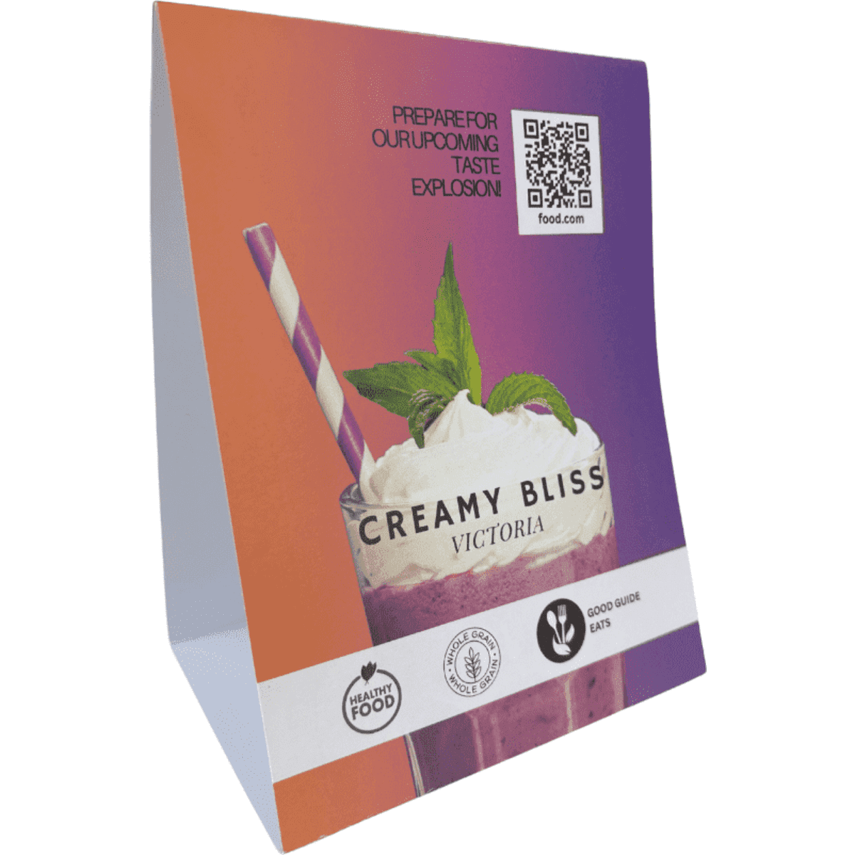 A table tent sign in purple and orange hues, made of 350gsm eco paper, featuring a logo and promotional imagery.