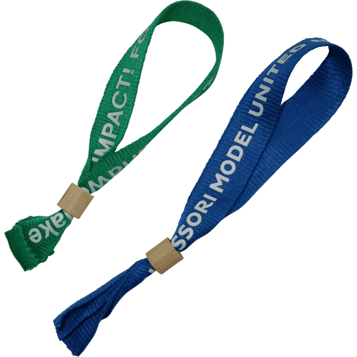 Two eco-friendly bamboo fabric wristbands in green and blue, each featuring a logo and a simple design.